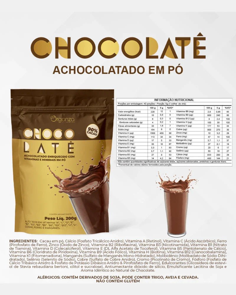 Achocolatado 90% Cacau Enriquecido com Vitaminas 200g (Organza) – Imunidade e Sabor Intenso (Vitadrop) - vittamartins