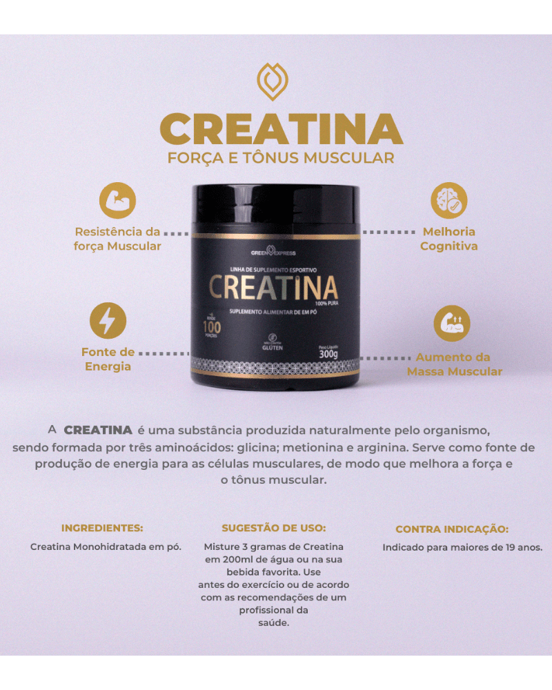 Creatina Monohidratada 100% Pura Green Express (300g) – Força, Energia e Ganho de Massa Muscular - vittamartins