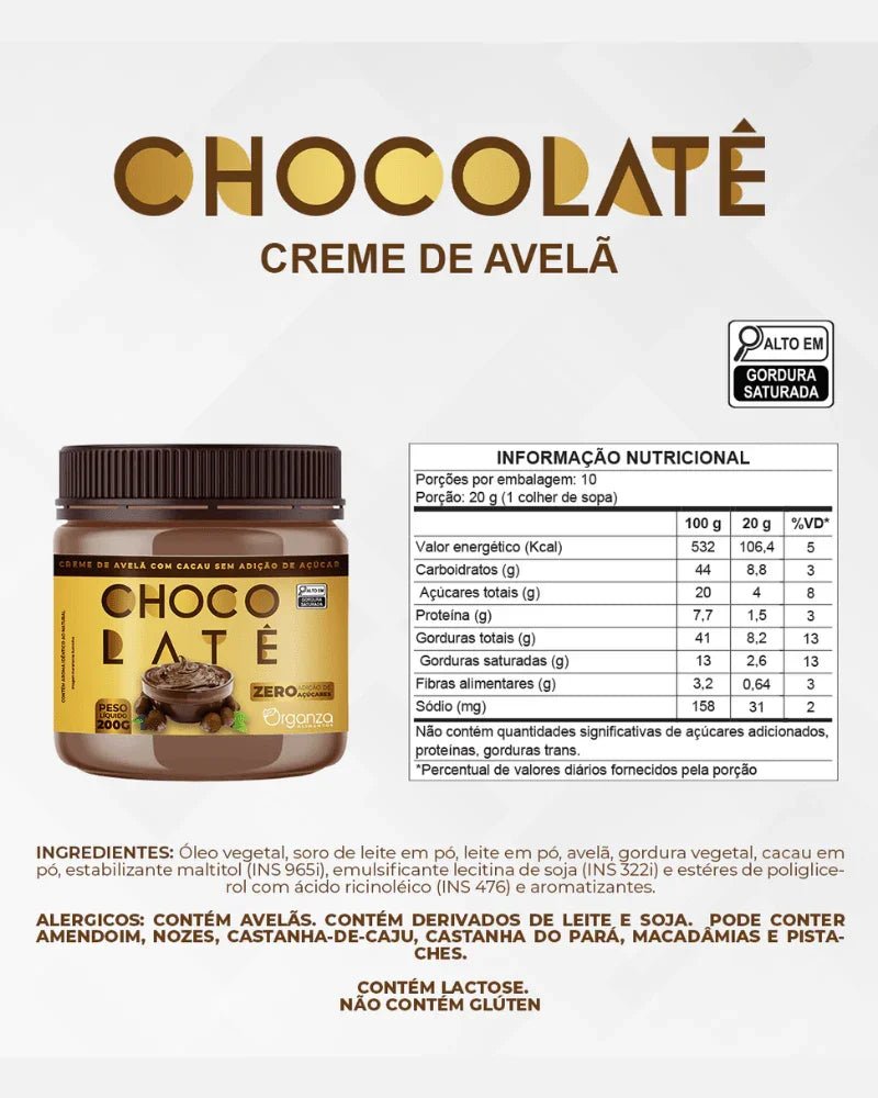 Creme de Avelã com Cacau ZERO Açúcar 200g (Organza) – Sobremesa Fit e Low Carb (Vitadrop) - vittamartins
