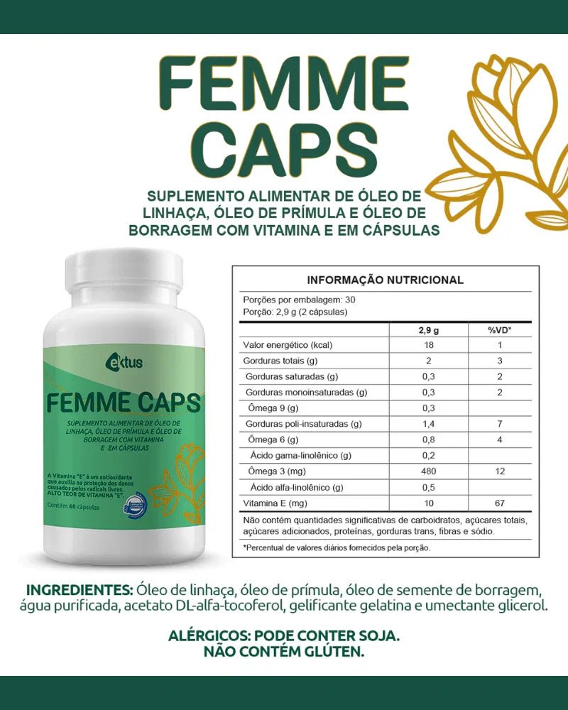 Femme Caps Ektus 60 Cápsulas – Blend de Linhaça, Prímula e Borragem para o Bem-Estar Feminino (Ektus) - vittamartins