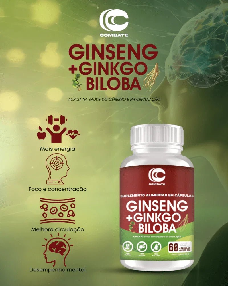 Ginseng + Ginkgo Biloba 60 Cápsulas (Combate) – Memória, Foco, Energia e Circulação (Vitadrop) - vittamartins