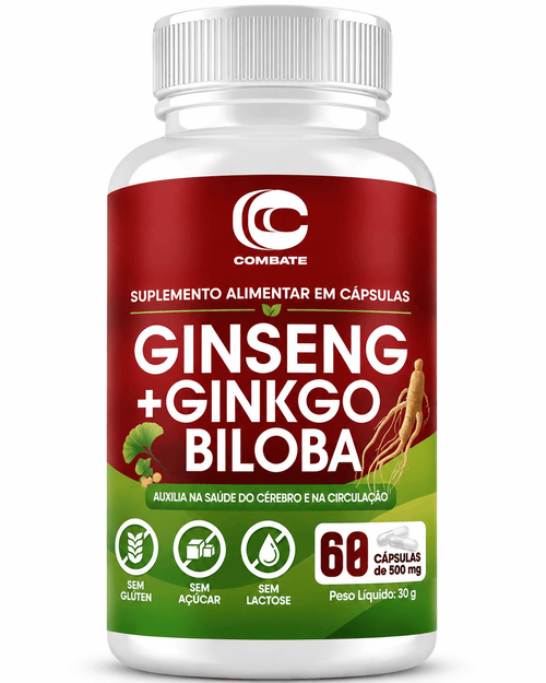 Ginseng + Ginkgo Biloba 60 Cápsulas (Combate) – Memória, Foco, Energia e Circulação (Vitadrop) - vittamartins