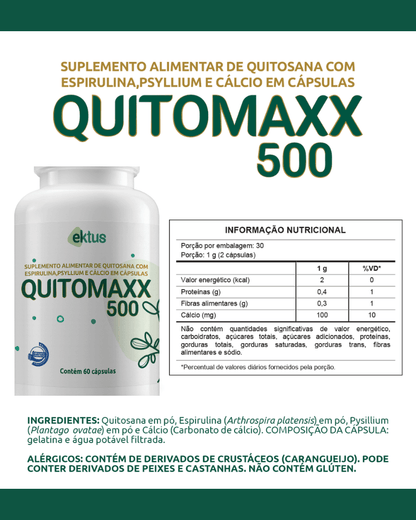 Quitomaxx 500 Ektus 60 Cápsulas – Quitosana, Espirulina, Psyllium e Cálcio (Ektus) - vittamartins