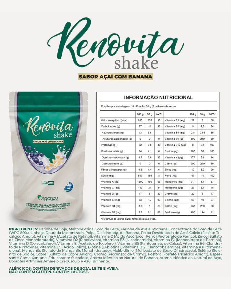 Renovita Shake Açaí com Banana 300g (Organza) – Energia, Emagrecimento e Sabor Zero Culpa (Vitadrop) - vittamartins