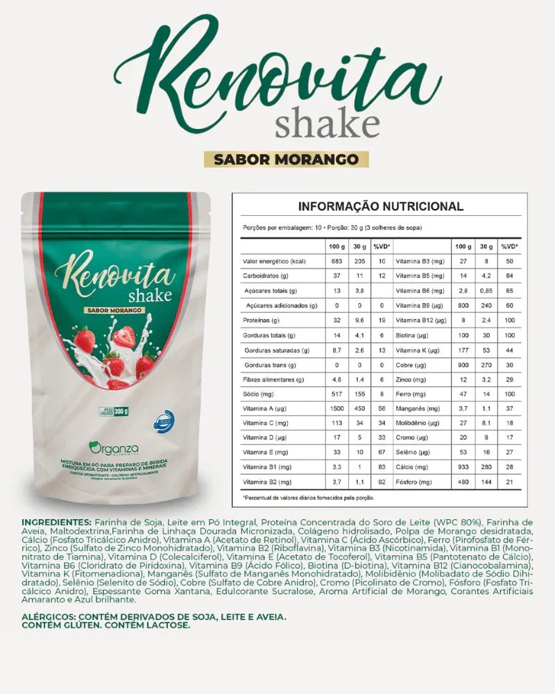 Renovita Shake Morango 300g (Organza) – Emagrecimento, Vitaminas e Sabor de Milkshake (Vitadrop) - vittamartins