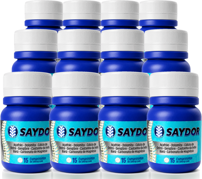 Kit com 12 frascos de Saydor da Vitta Martins — plano semestral, 180 dias, 15 comprimidos de 500 mg por frasco