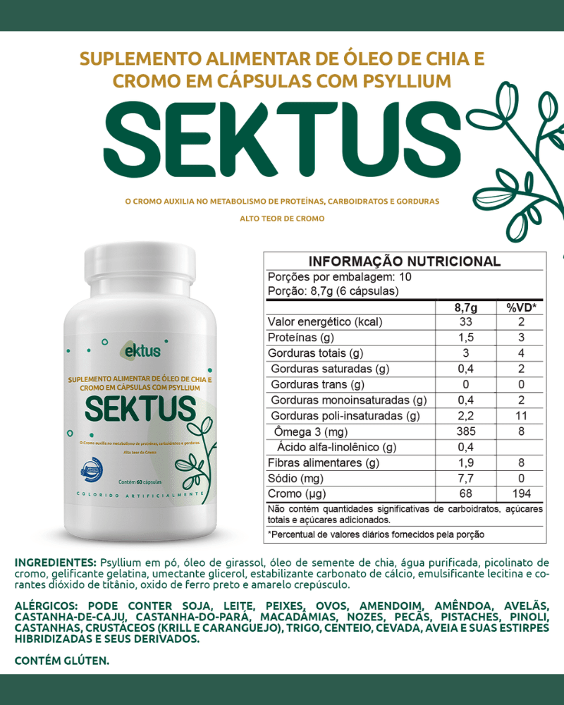 Sektus Ektus 60 Cápsulas – Óleo de Chia, Psyllium e Alto Teor de Cromo para Controle Metabólico (Ektus) - vittamartins