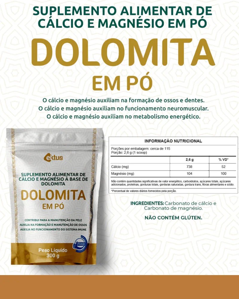 Suplemento de Dolomita em Pó 300g (Ektus) – Ossos Fortes, Imunidade e Máscara de Porcelana - vittamartins