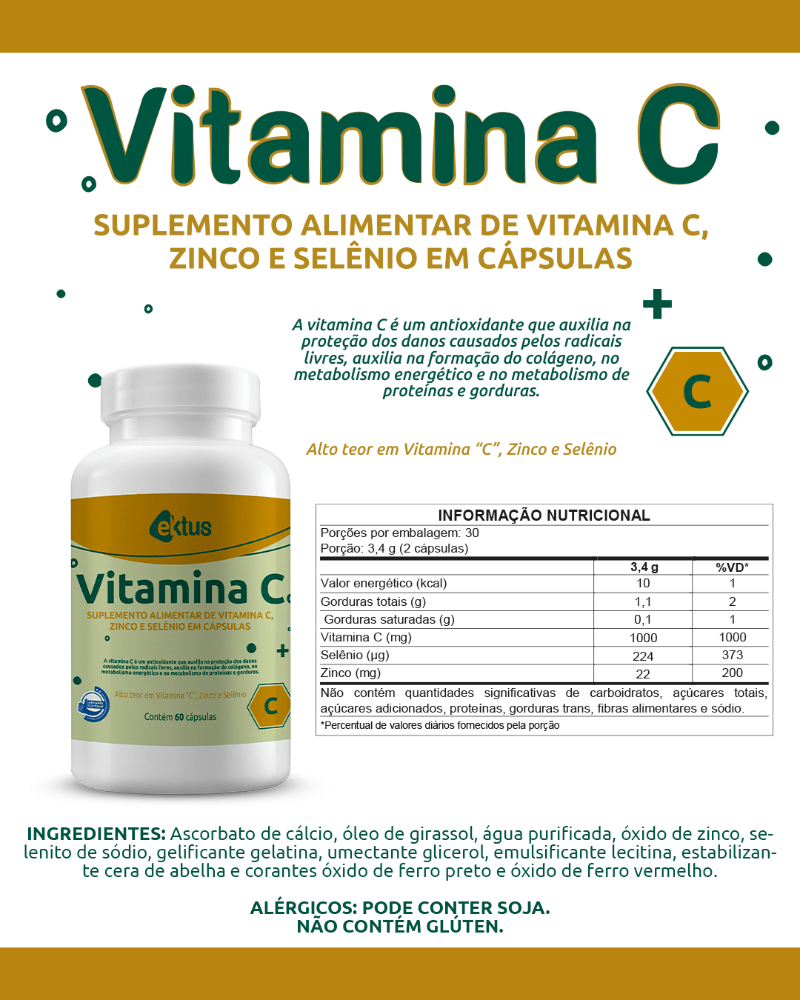 Vitamina C 1000mg + Zinco e Selênio Ektus – Imunidade, Colágeno e Proteção Antioxidante (Ektus) - vittamartins